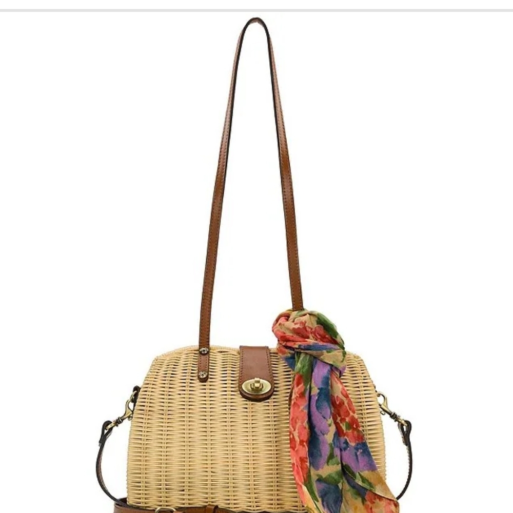 Patricia Nash Beige Wicker Woven Shoulder Bag with Floral Scarf
